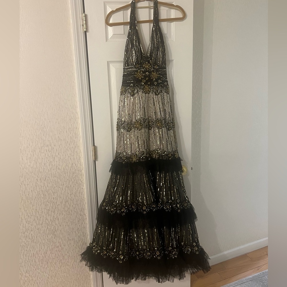 Black and Gold Tiered Halter Gown